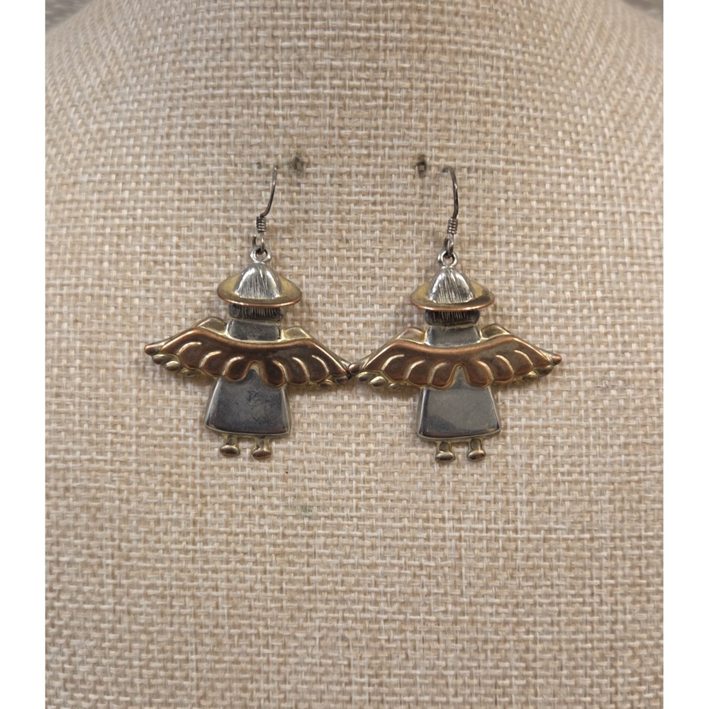 Large Vintage Sterling Silver Mixed Metals Angel Dangle Earrings 925